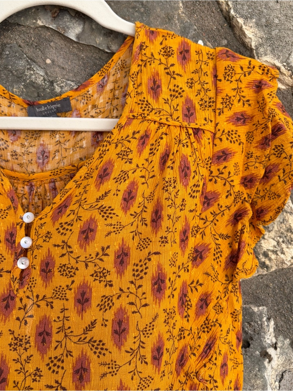 HAUTE HIPPIE Boho Botanical Print Ruffle Sleeve Sunny Top Blouse sz SMALL - Picture 3 of 4